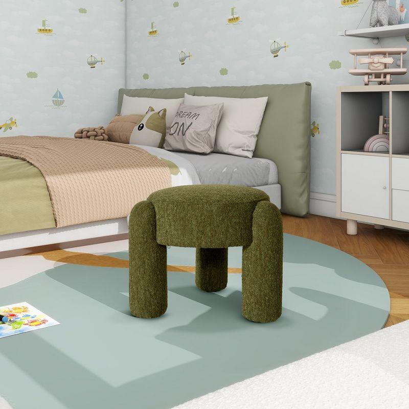 Moss Green Boucle Round Upholstered Ottoman with Eucalyptus Legs