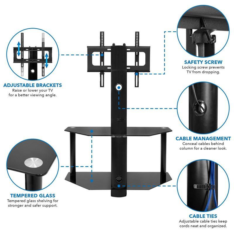Mount-It! Height Adjustable Floor TV Stand with Mount and Tempered Glass Shelves for Storage, Entertainment Center with TV Mount, Fits 32 - 55 in.