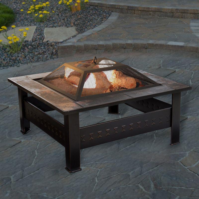 Nature Spring 32" Square Outdoor Fire Pit - Bronze Finish, Black/Orange Tiles
