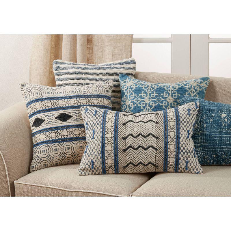 16"x24" Oversized Boho Rug Style Cotton Lumbar Throw Pillow Cover Blue - Saro Lifestyle: Geometric Design, Zippered, Decorative Rectangle