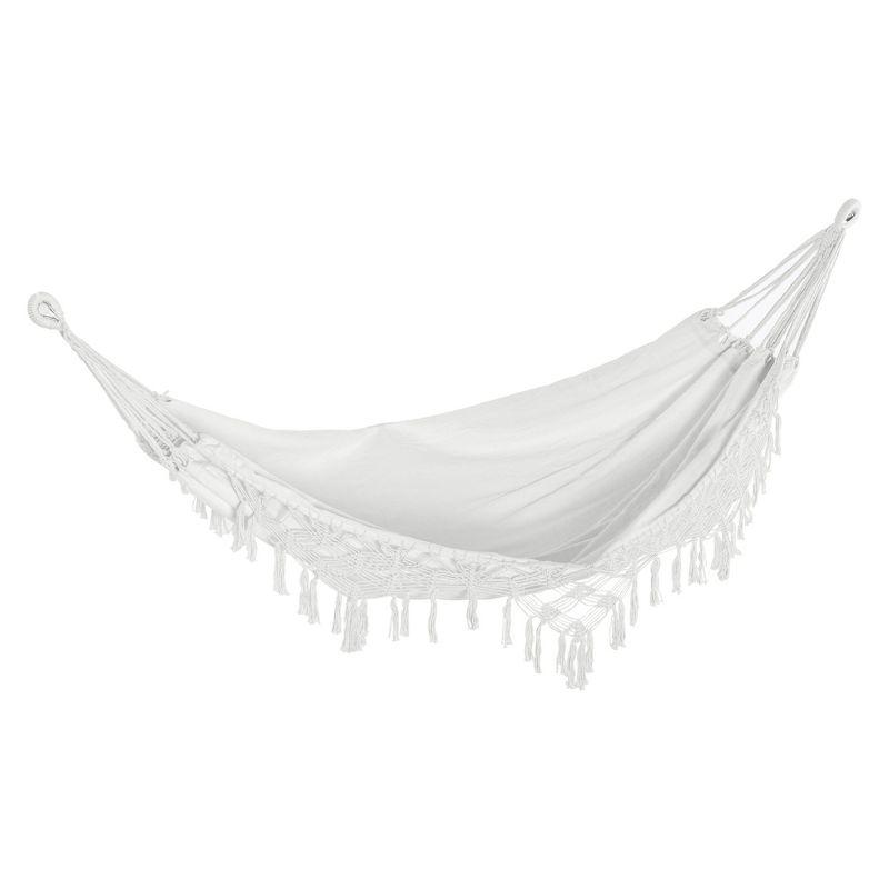 Outsunny Extra Large Boho Hammock with Macrame Tassel Fringe, Includes Carrying Bag, Indoor Outdoor Tree Hammock for Porch, Backyard, Camping, White