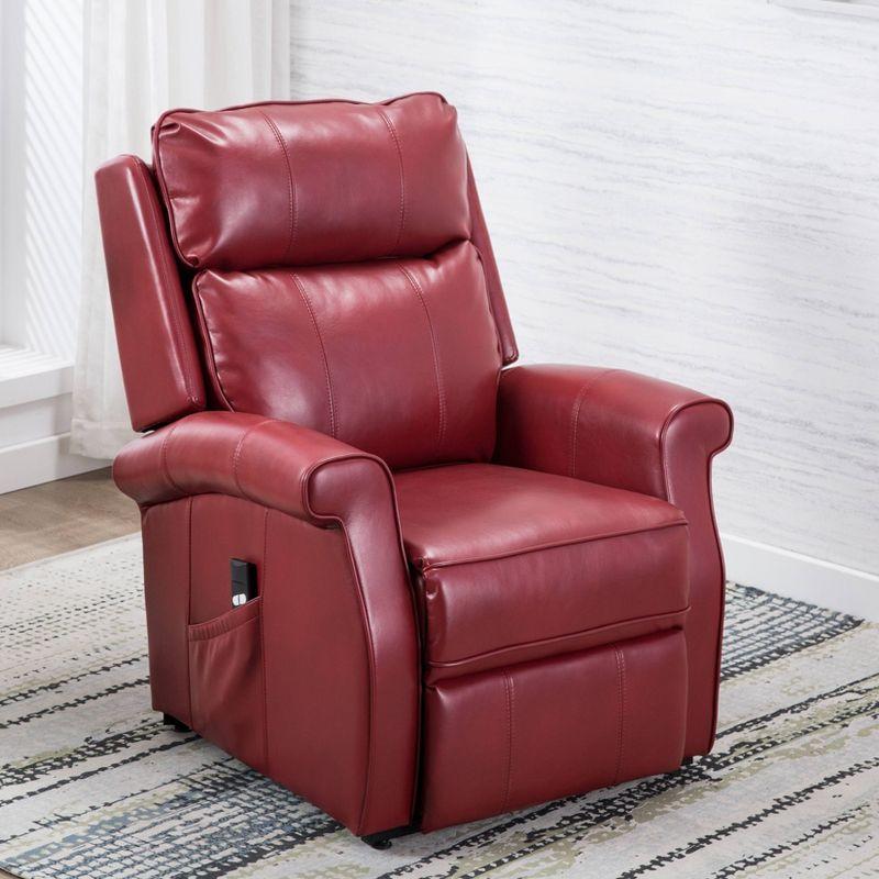 Transitional Red Leather Power Lift Recliner with Wooden Frame