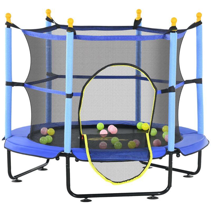 Qaba 4.6' Trampoline For Kids, 55 Inch Toddler Trampoline With Safety Enclosure & Ball Pit For Indoor Or Outdoor Use, Built For Kids 3-10 Years, Yellow