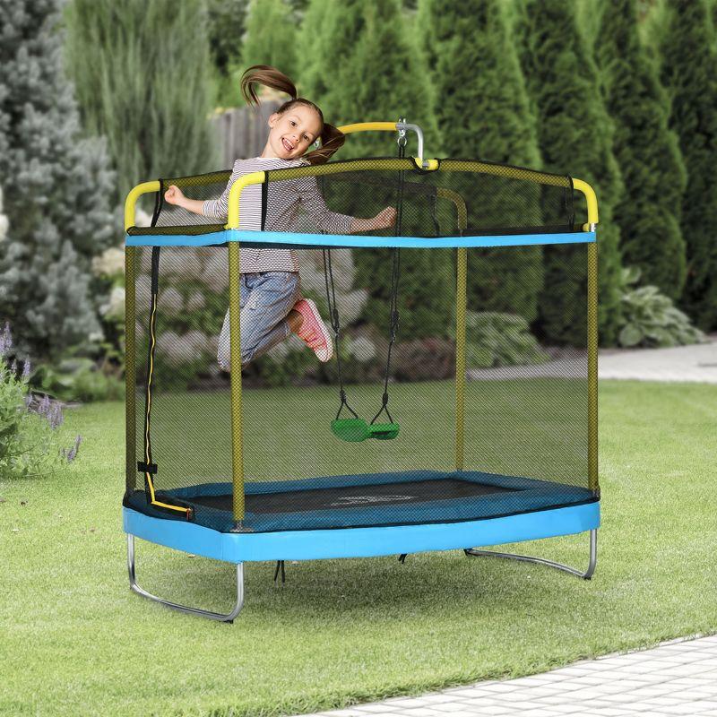 Qaba 3-in-1 Trampoline for Kids, 6.9' Kids Trampoline with Enclosure, Swing, Gymnastics Bar, Toddler Trampoline for Outdoor/Indoor Use, Light Blue