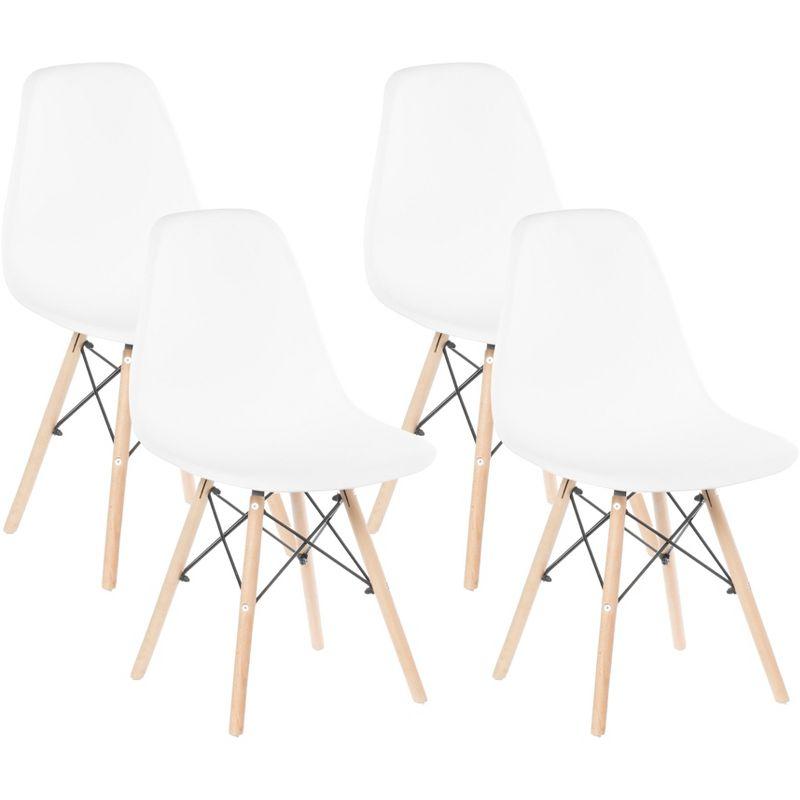 Fabulaxe Mid-Century Modern Style Plastic DSW Shell Dining Chair with Solid Beech Wooden Dowel Eiffel Legs, Set of 4 White