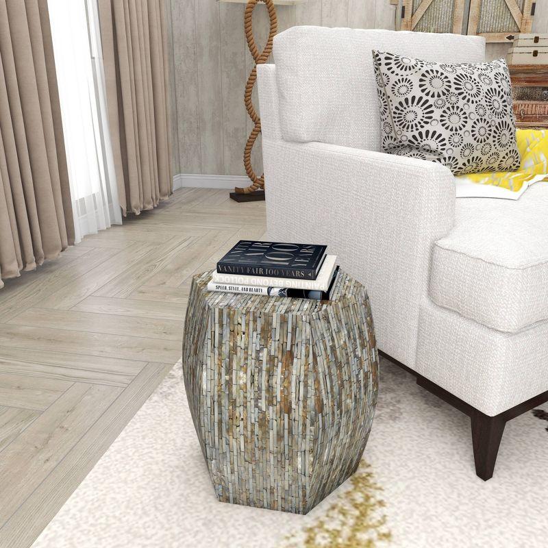 Wrought Studio™ Alissa Mother of Pearl Shell Handmade Shell Mosaic Hexagon Side End Gray Accent Table with Brown Accents