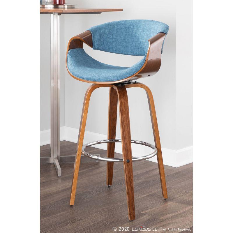 Mid-Century Blue Fabric Swivel Barstool with Walnut Wood Frame