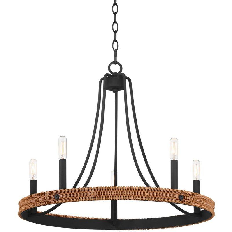 Black Metal and Woven Wood 6-Light Chandelier