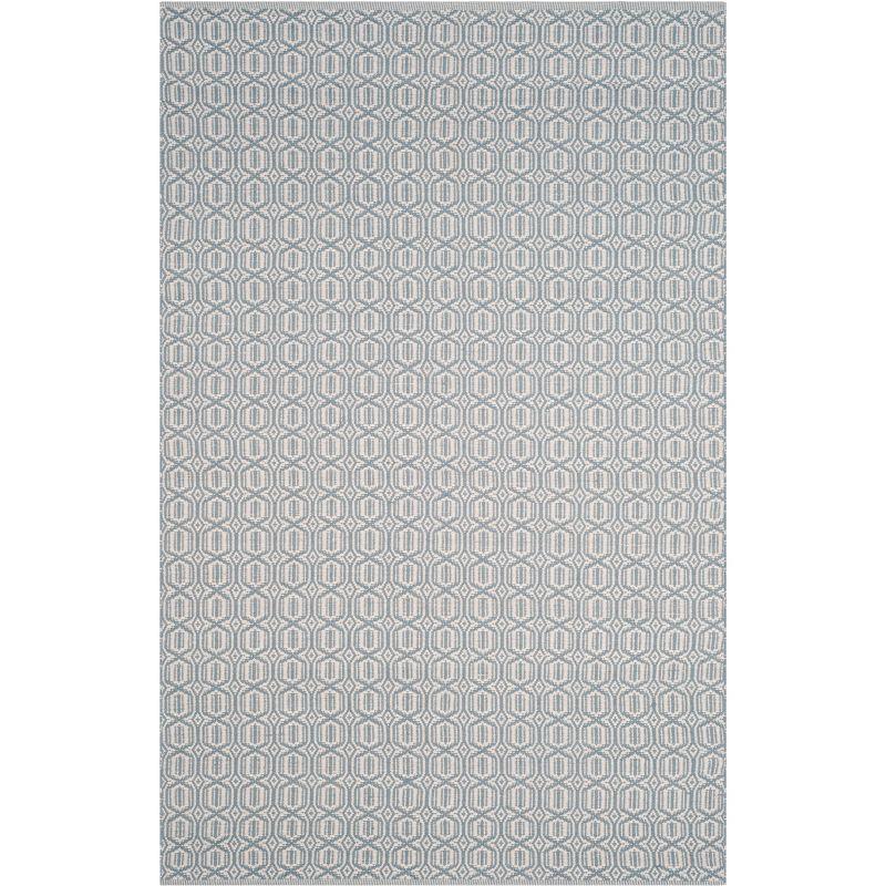 Ivory and Blue Handwoven Wool Cotton Area Rug, 6' x 9'