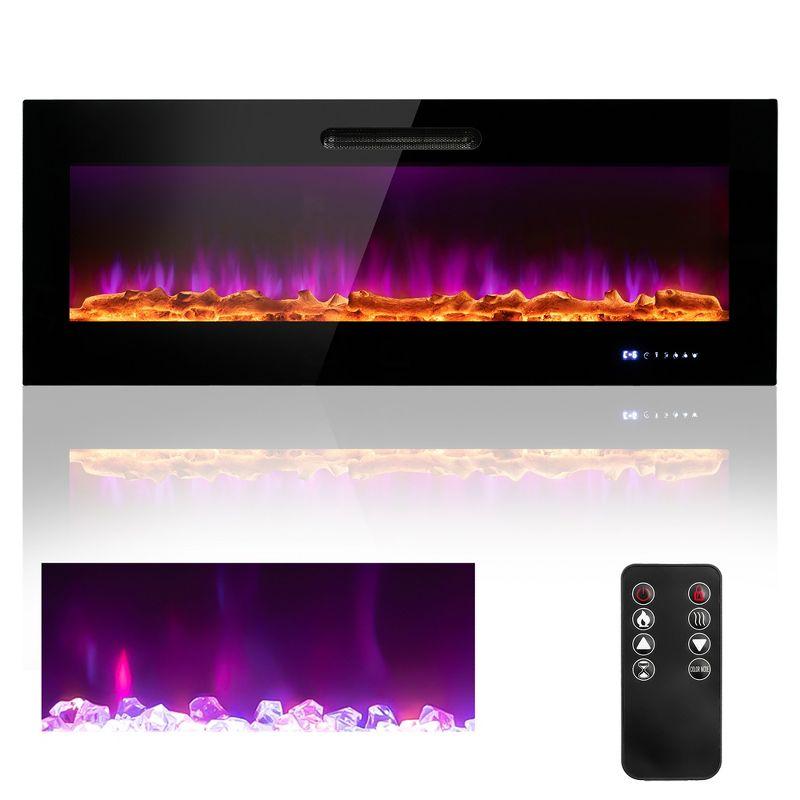 Costway 50'' Electric Fireplace Recessed Wall Mounted Heater W/ Decorative Crystal & Log