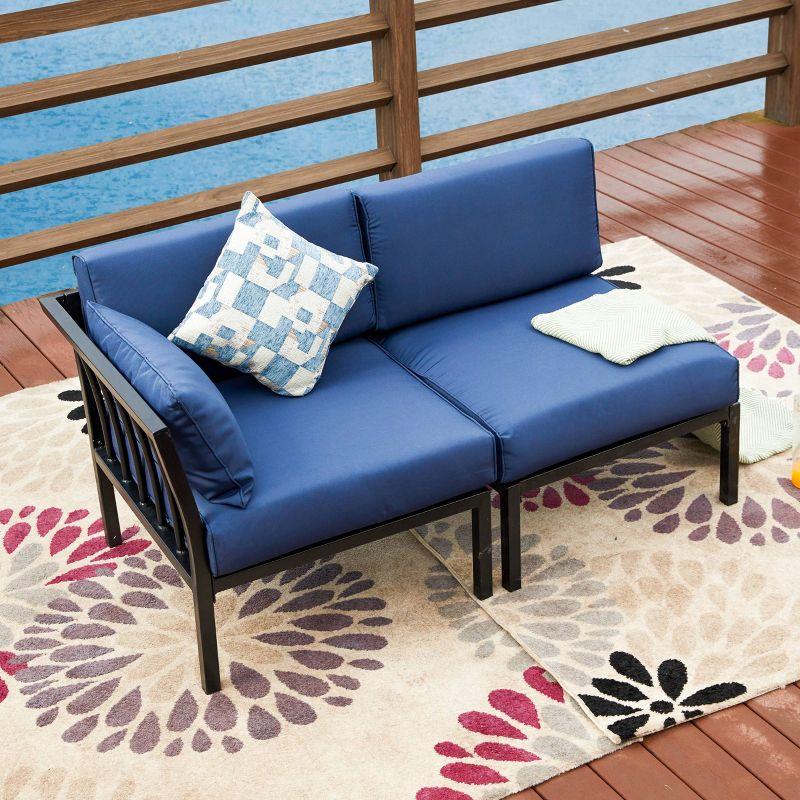 Blue Metal Two-Seat Outdoor Sectional Sofa with Cushions