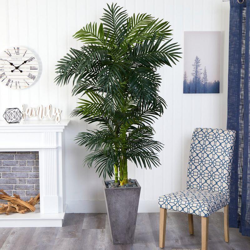 Nearly Natural 7-ft Golden Cane Artificial Palm Tree in Cement Planter