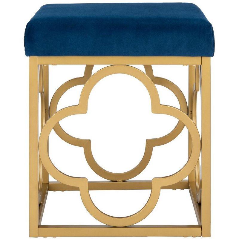 Elegant Navy Velvet Square Ottoman with Gold Quatrefoil Base