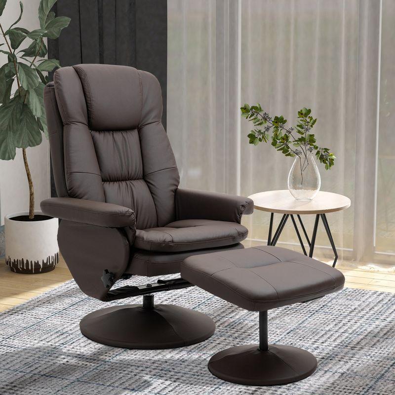 Swivel Brown Faux Leather Recliner with Ottoman and Metal Base