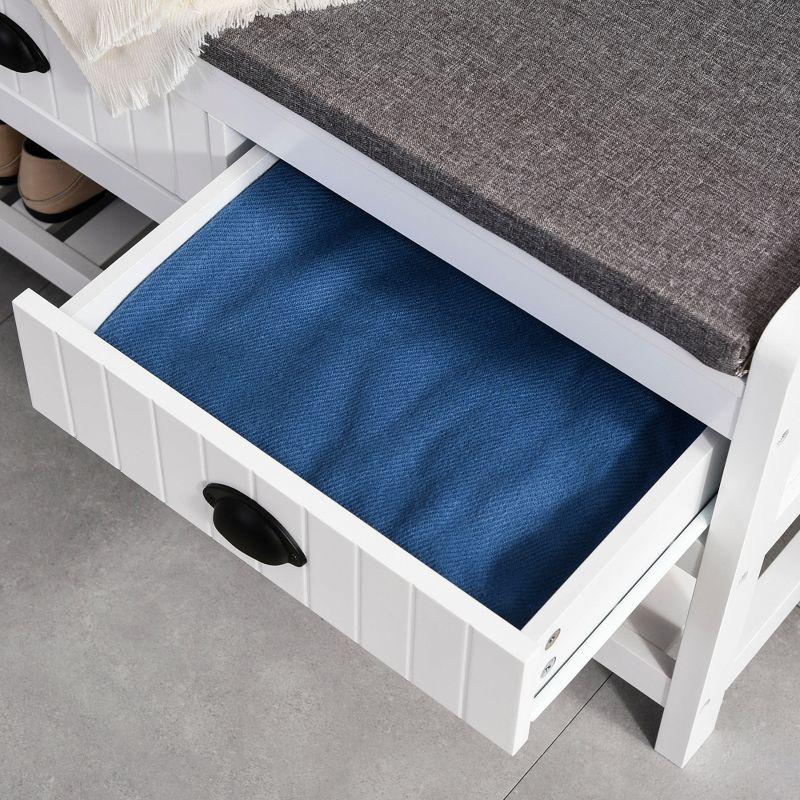 HOMCOM Coat Rack and Bench Hall Tree Organizer with 4 Hooks, 2 Drawers with Padded Seat Cushions for Entryway, White