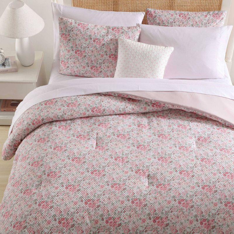 Laura Ashley 8pc Queen Quartet Microfiber Comforter Set Pink: Botanical Pattern, Polyester Fill, Machine Washable