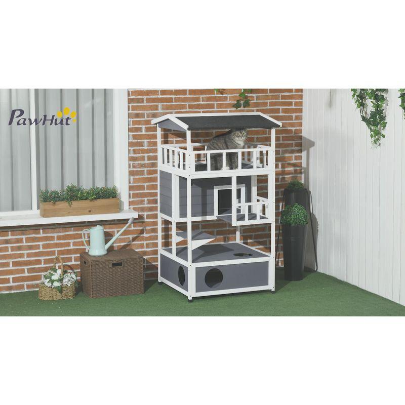 PawHut Wooden Outdoor Cat House, Feral Cat Shelter Kitten Tree with Asphalt Roof, Escape Doors, Condo, Jumping Platform