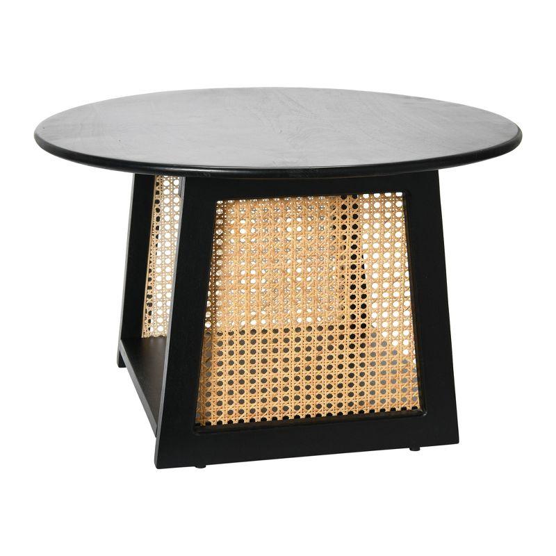 Storied Home Mango Wood and Cane Coffee Table with Shelf Black: Round, Modern, 25.75" Diameter