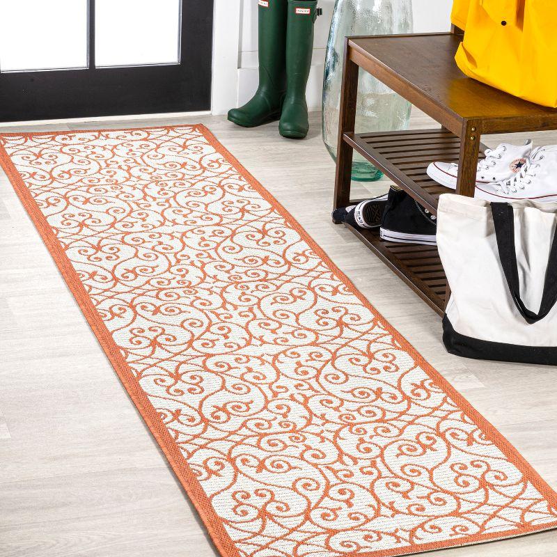2' x 10' Madrid Vintage Filigree Textured Weave Indoor/Outdoor Runner Rug, Cream/Orange - JONATHAN Y
