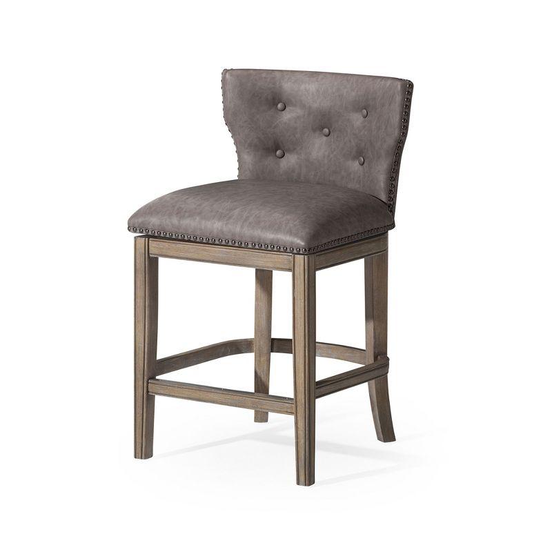 Reclaimed Oak Counter Stool with Gray Vegan Leather Upholstery