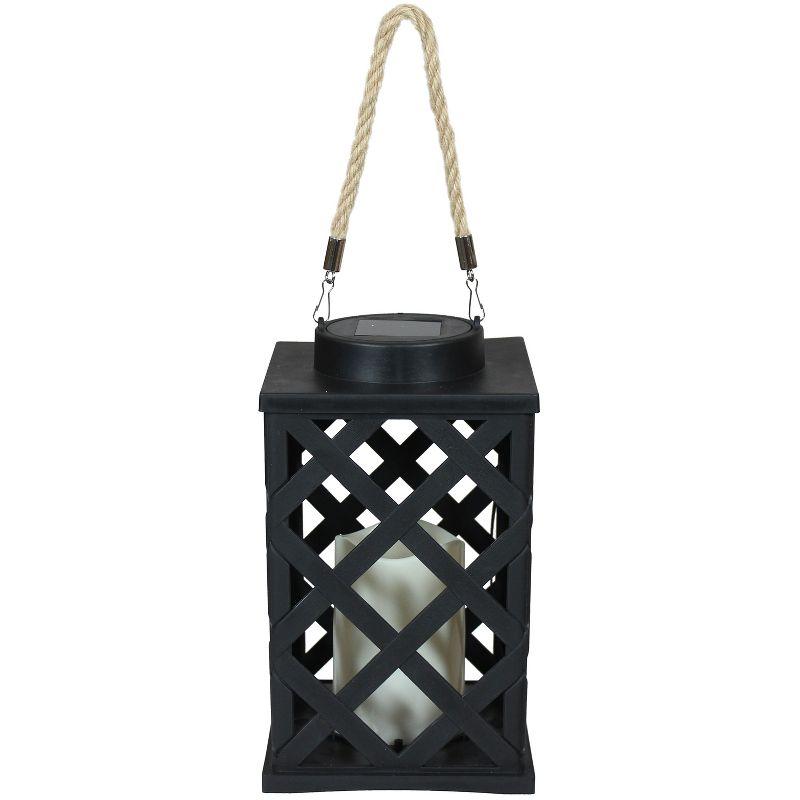 Sunnydaze Outdoor Modern Crosshatch Hanging Tabletop Solar LED Rustic Farmhouse Decorative Candle Lantern - 9"