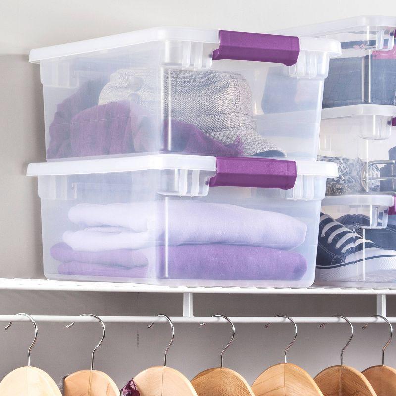 Clear 15 Qt Stackable Plastic Storage Box with Purple Latch