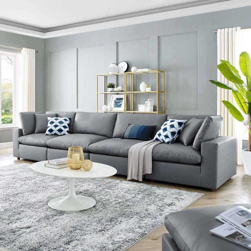 Gray Faux Leather Four Piece Sofa with Down Fill Cushions