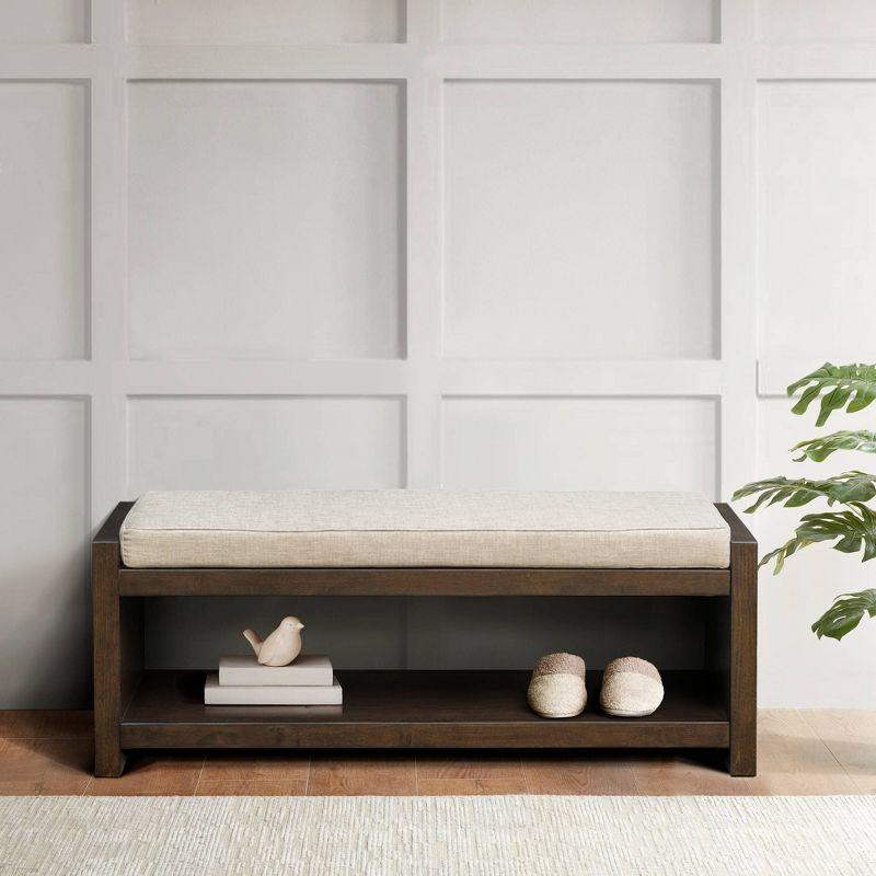 Taupe and Greige Upholstered Dark Wood Storage Bench