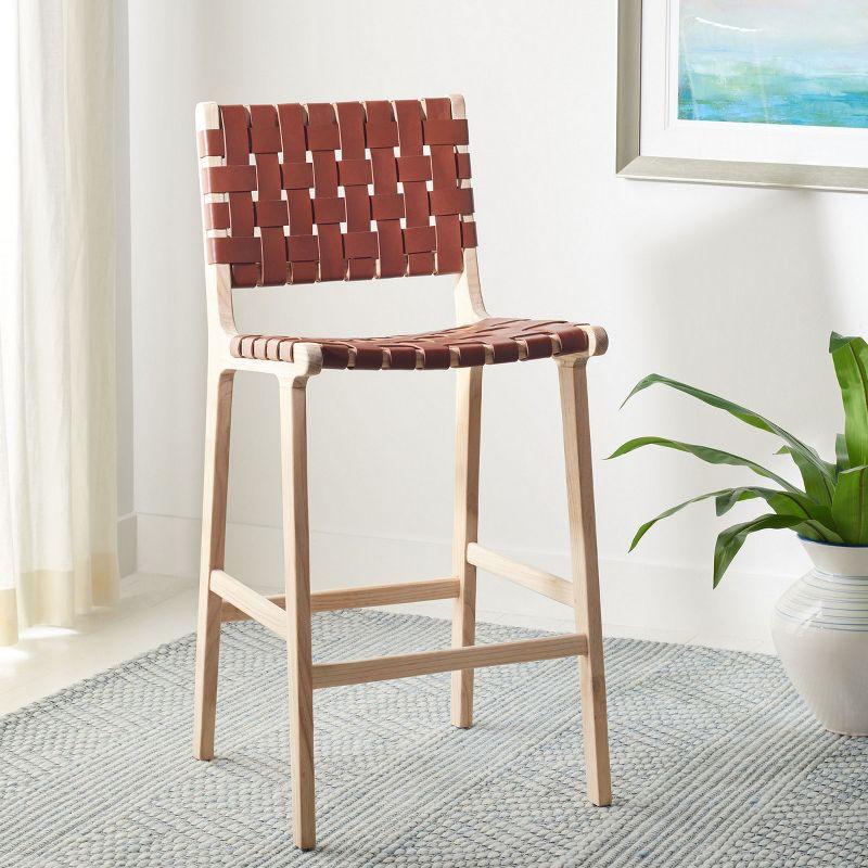 Cognac Leather and Natural Wood Counter Stool