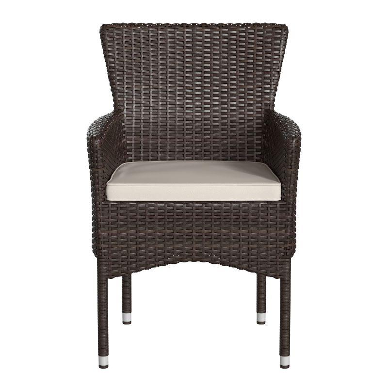 Espresso Brown Wicker Patio Dining Chairs with Cream Cushions, Set of 2