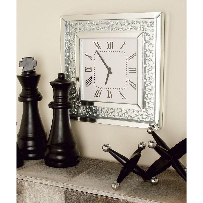 Wood Mirrored Wall Clock with Floating Crystals Silver - Olivia & May: Silent, Art Deco Style, Square Shape