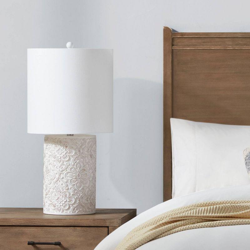 Ink+Ivy Ashbourne Embossed Floral Resin Table Lamp (Includes LED Light Bulb) Ivory : Elegant Nightstand & Decorative Cylinder Shade