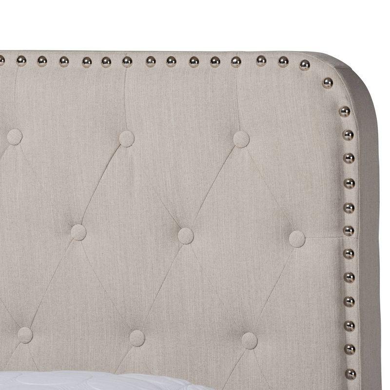 Beige Queen Upholstered Tufted Bed with Nailhead Trim