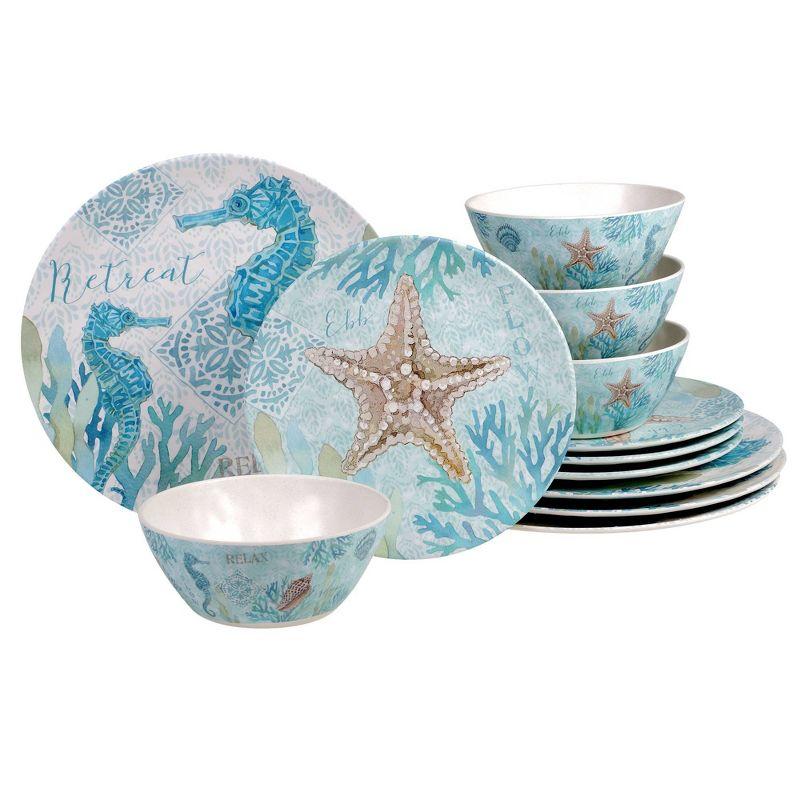 12pc Melamine Beachcomber Dinnerware Set - Certified International: Nautical Coastal Design, Dishwasher-Safe, Service for 4