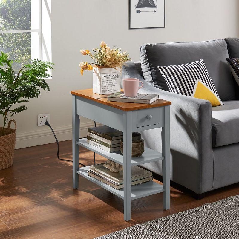 Narrow End Table with Charging Station, Side Table with 2 USB Ports & 2 Outlets, Nightstand Sofa Bedside Table with 2 Open Storage Shelves & Drawer