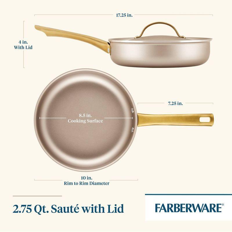 Champagne Nonstick Aluminum Saute Pan with Gold Handle and Lid