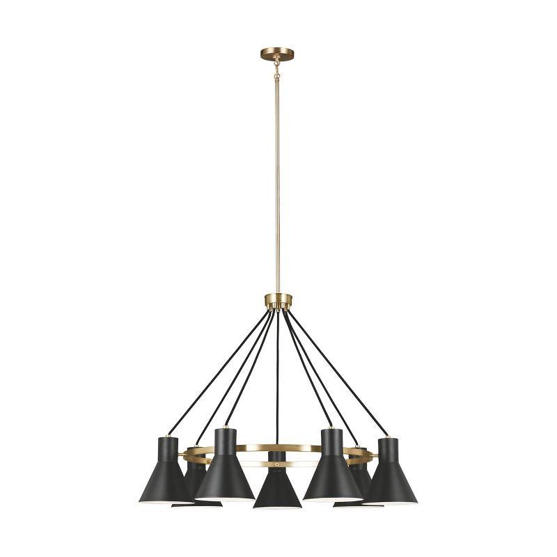 Satin Brass and Black Steel Mid-Century 7-Light Chandelier