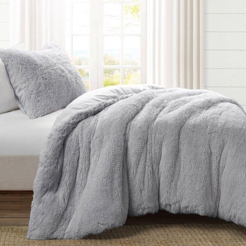 Light Gray Faux Fur Full Comforter Set with Shams