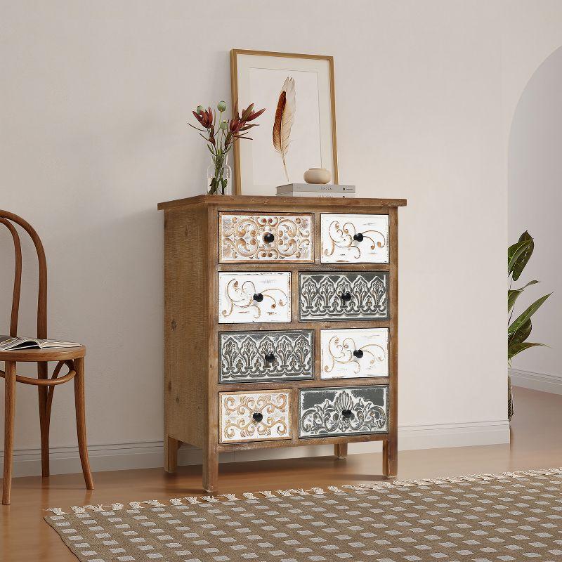 LuxenHome 8-Drawer 32.25" H x 25.75" W Rustic Carved Wood Accent Chest. Brown