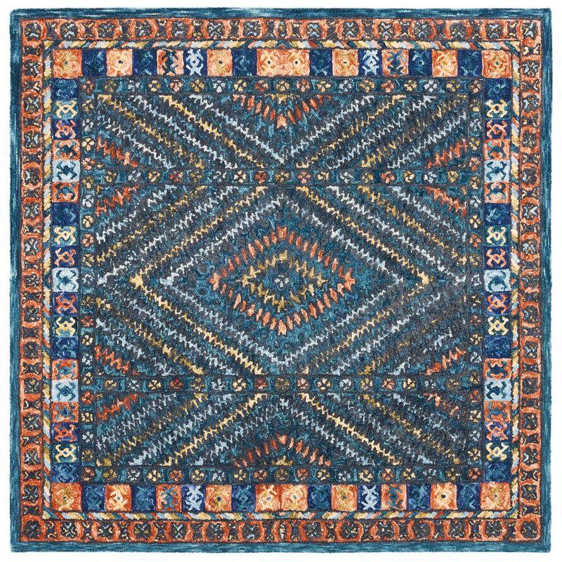 Aspen 5' Square Blue and Orange Wool Geometric Area Rug