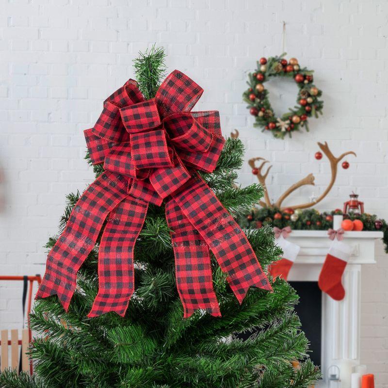 Red and Black Plaid Fabric Christmas Bow Tree Topper