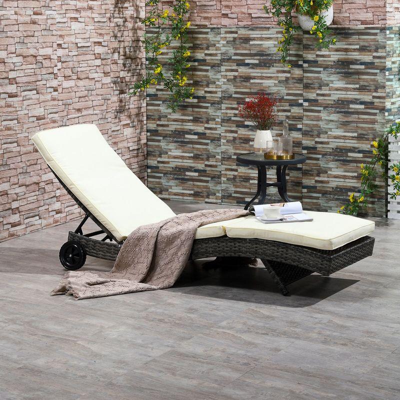 Outsunny Patio Wicker Chaise Lounge Chair, Outdoor PE Rattan Sun lounger w/ 5-Level Adjustable Backrest & 2 Wheels for Easy Movement, Off-white