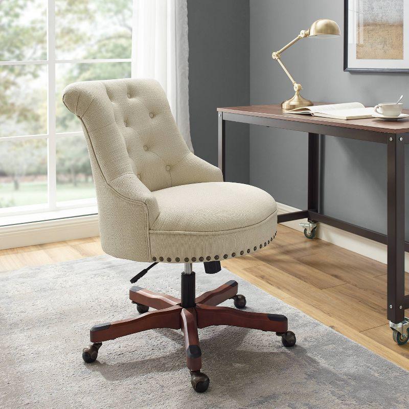 Beige Fabric Ergonomic Swivel Office Chair with Wood Base