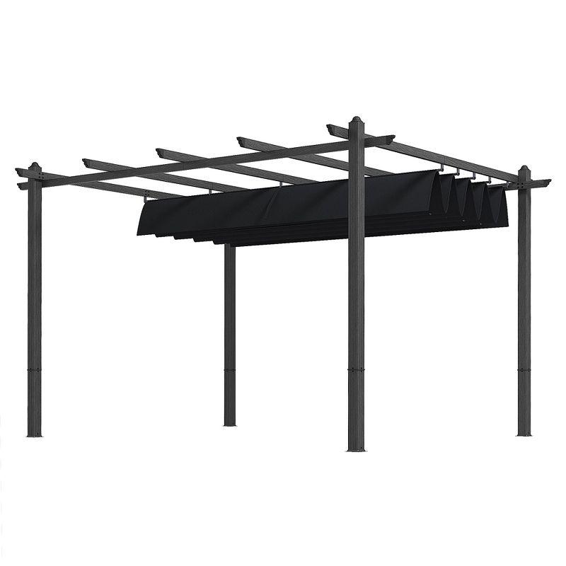 Outsunny 10' x 12' Outdoor Retractable Pergola, Heavy Duty Wood Grain Aluminum with Weather Resistant Fabric Sun Shade Canopy, Patio Shelter, Gray