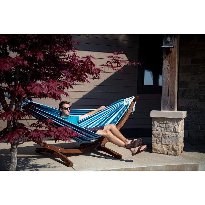 Vivere 8ft Double Cotton Hammock with Solid Pine Arc Stand - Blue Lagoon Color