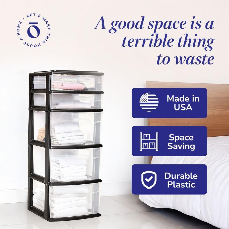 Homz Plastic 5 Clear Drawer Medium Home Closet Organizer Storage Container Tower with 3 Large Drawers and 2 Small Drawers, Black Frame