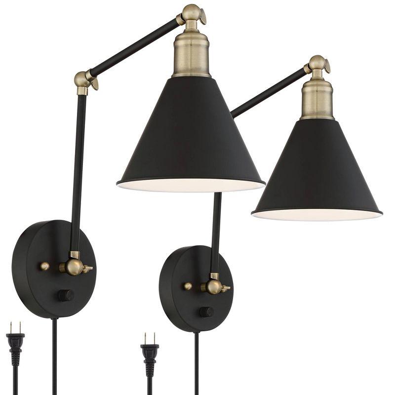 360 Lighting Wray Modern Wall Lamp Set of 2 Black Brass Plug-in 6" Light Fixture Up Down Adjustable Cone Shade for Bedroom Reading Living Room Hallway