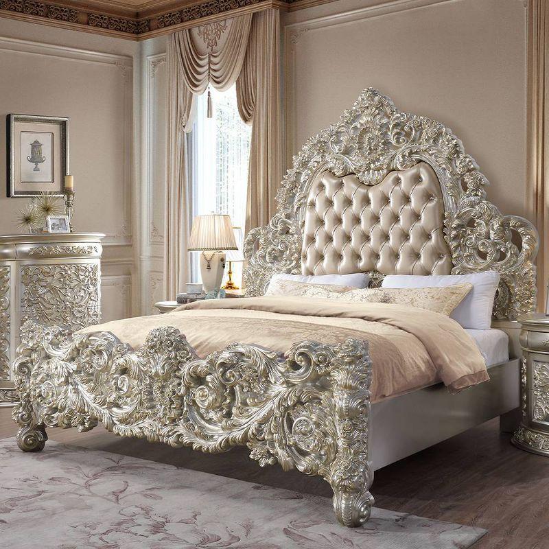 Sorina King Bed with Antique Gold Finish and Tufted Upholstered Headboard