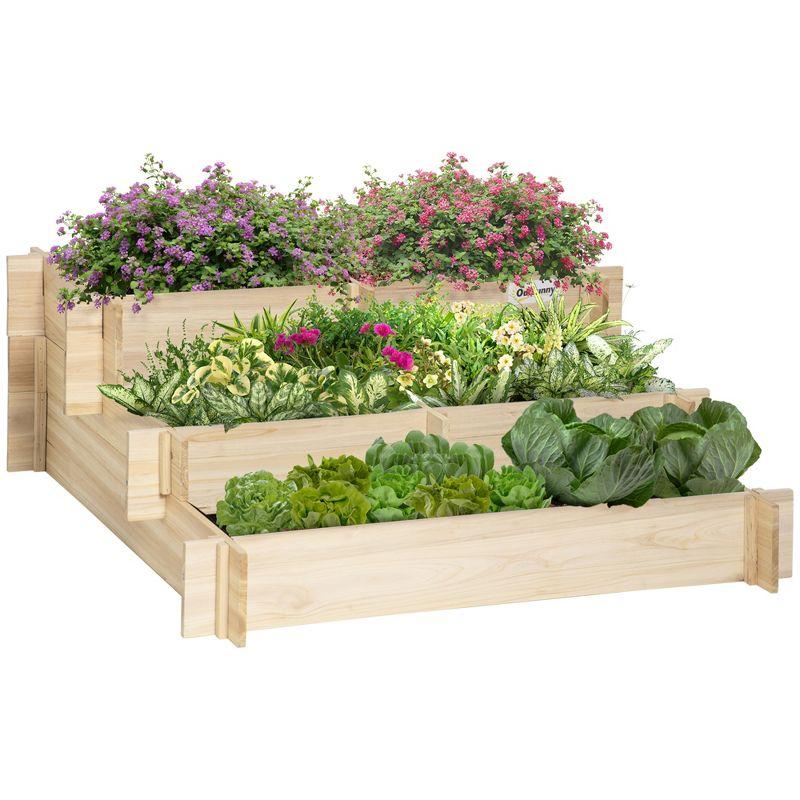 Natural Wood 3-Tier Raised Garden Bed with Draining Fabric