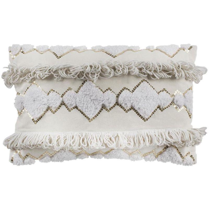 Ivory Embroidered Bohemian Rectangular Throw Pillow